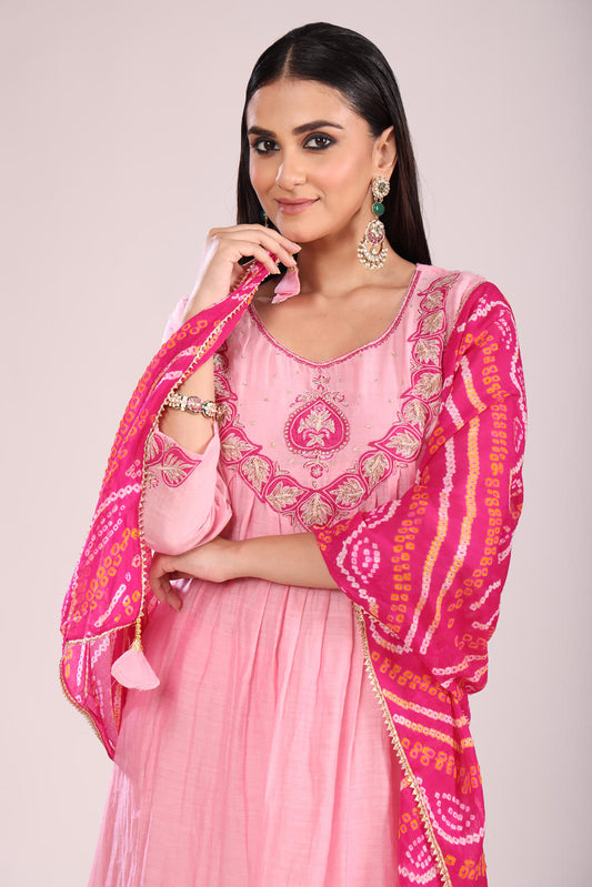 Pink Mal Chandheri A-Line Kurti Set – Anarkali Style with Hand Embroidery