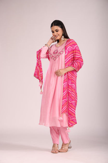 Pink Mal Chandheri A-Line Kurti Set – Anarkali Style with Hand Embroidery
