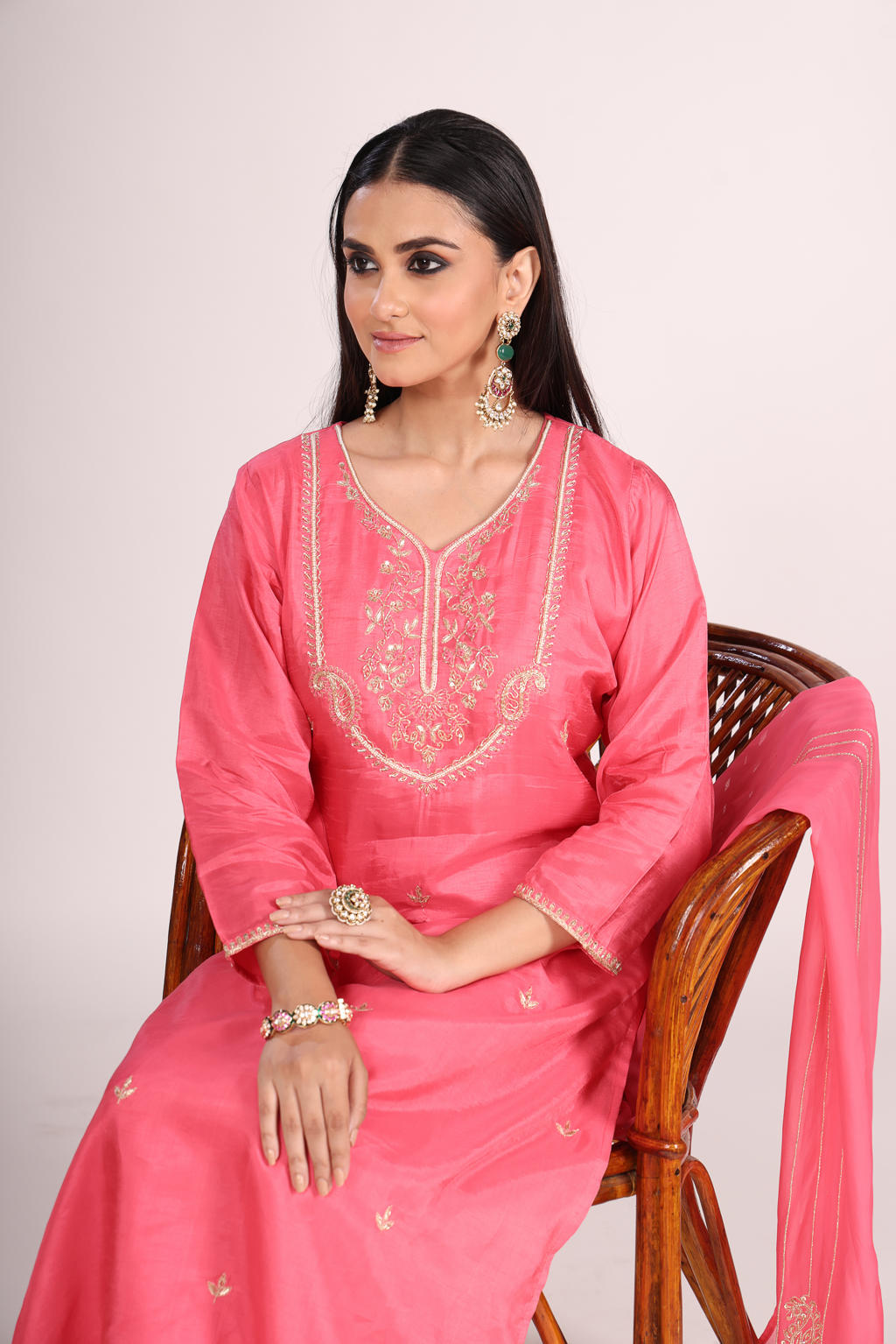 Pink 3 Pc Kurti Pant Dupatta Set – Organza Silk with Hand Embroidery