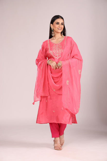 Pink 3 Pc Kurti Pant Dupatta Set – Organza Silk with Hand Embroidery