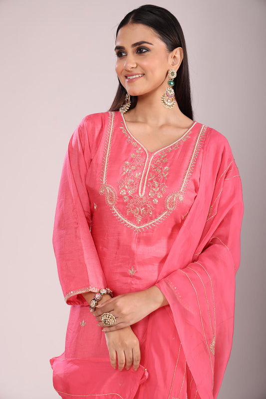 Pink 3 Pc Kurti Pant Dupatta Set – Organza Silk with Hand Embroidery