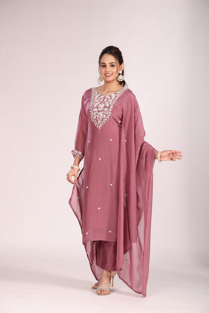 Onion 3 Pc Kurti Pant Dupatta Set – Organza Silk with Lucknowi Hand Embroidery