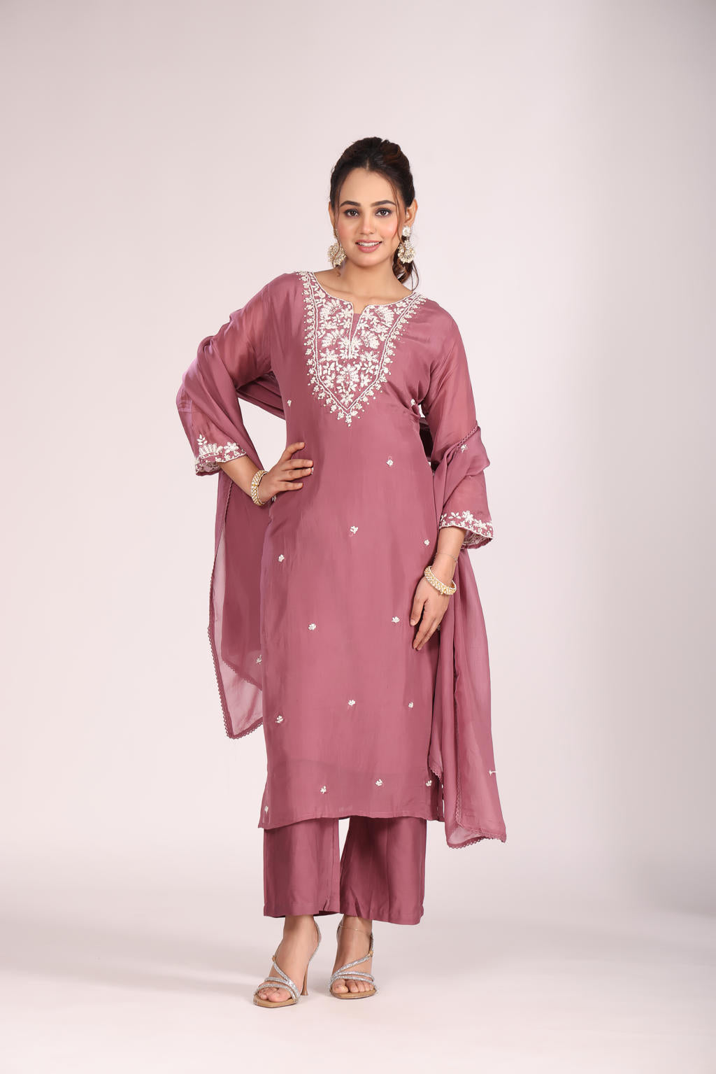 Onion 3 Pc Kurti Pant Dupatta Set – Organza Silk with Lucknowi Hand Embroidery