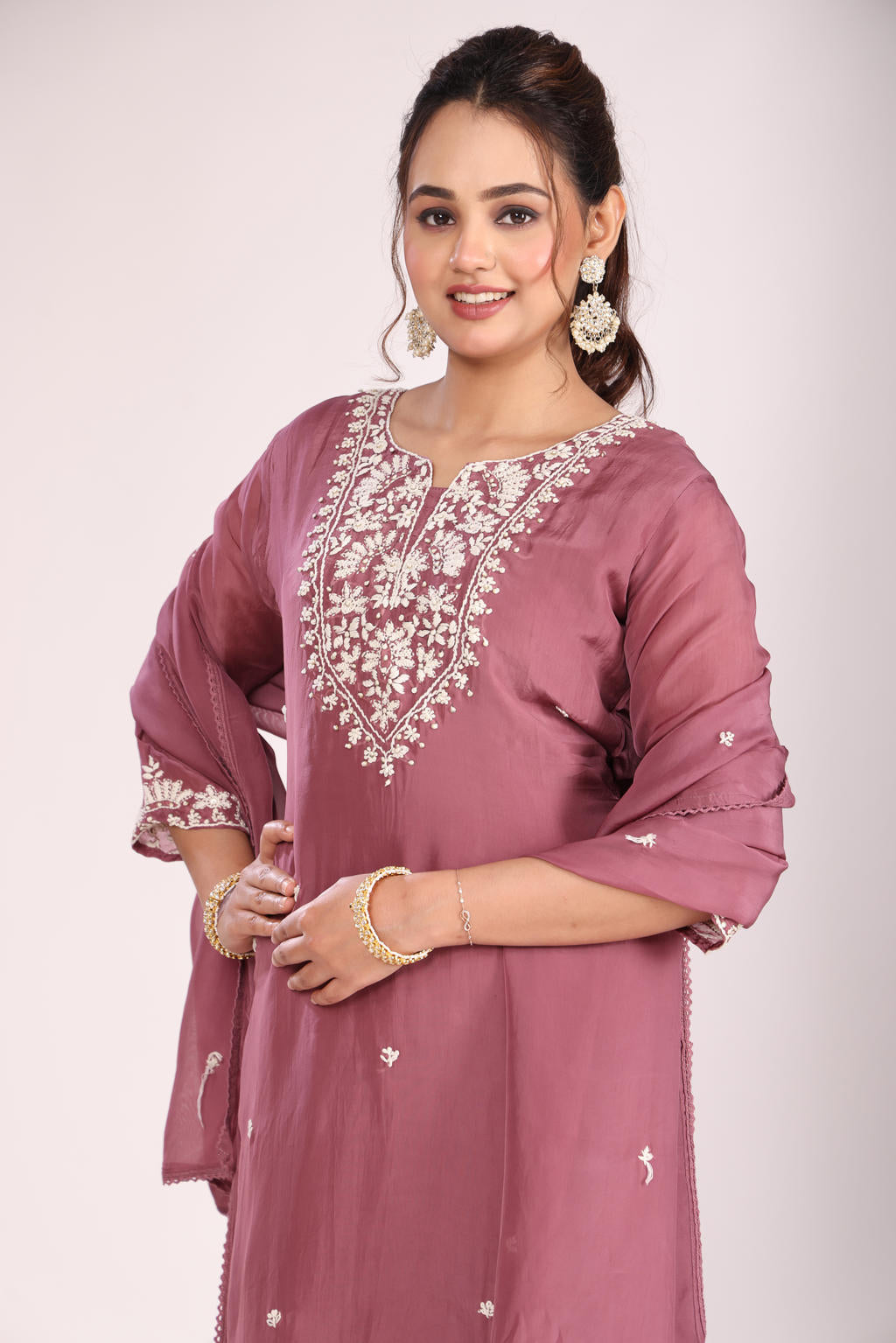 Onion 3 Pc Kurti Pant Dupatta Set – Organza Silk with Lucknowi Hand Embroidery