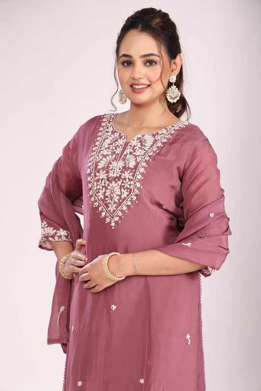 Onion 3 Pc Kurti Pant Dupatta Set – Organza Silk with Lucknowi Hand Embroidery