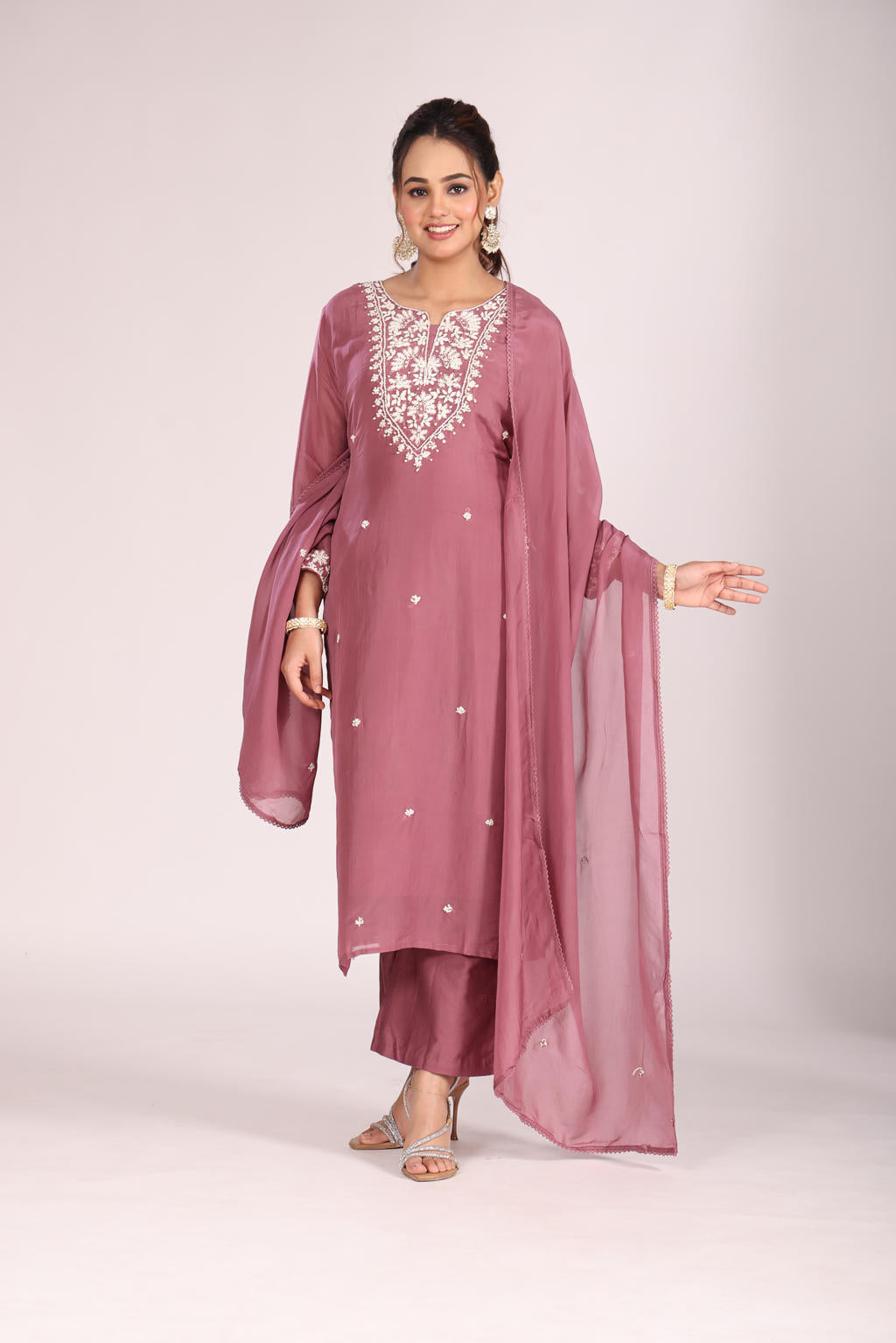 Onion 3 Pc Kurti Pant Dupatta Set – Organza Silk with Lucknowi Hand Embroidery