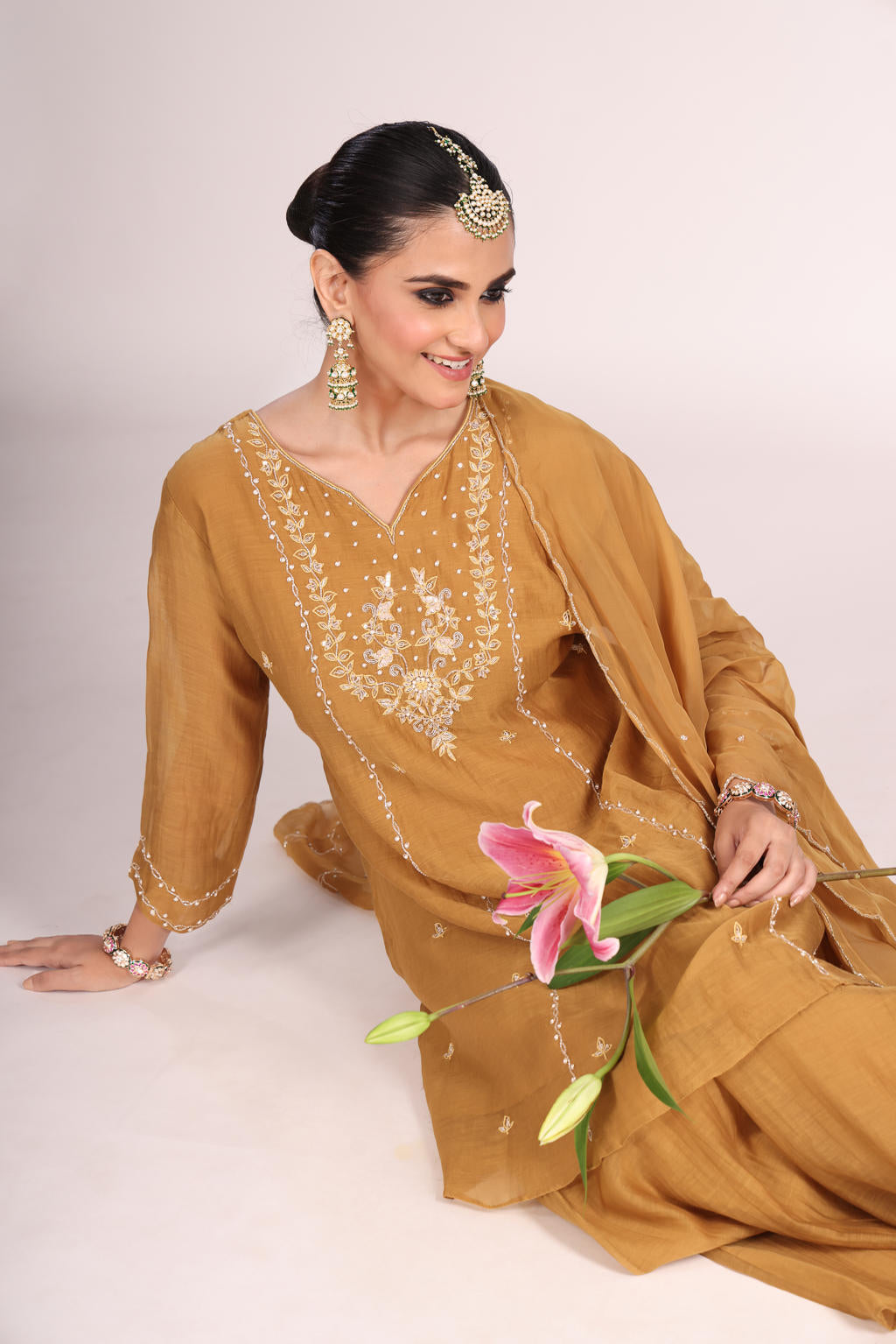 3 Pc Kurti Sharrara Dupatta Set – Mal Chandheri with Hand Embroidery