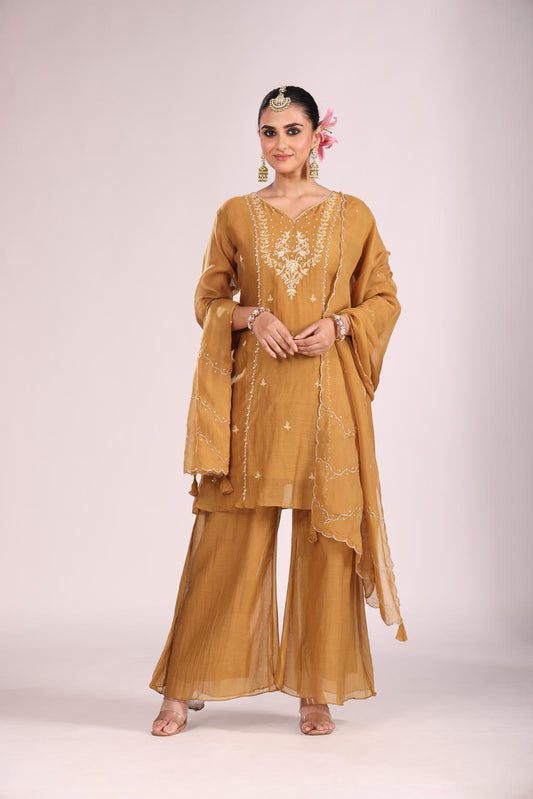 3 Pc Kurti Sharrara Dupatta Set – Mal Chandheri with Hand Embroidery