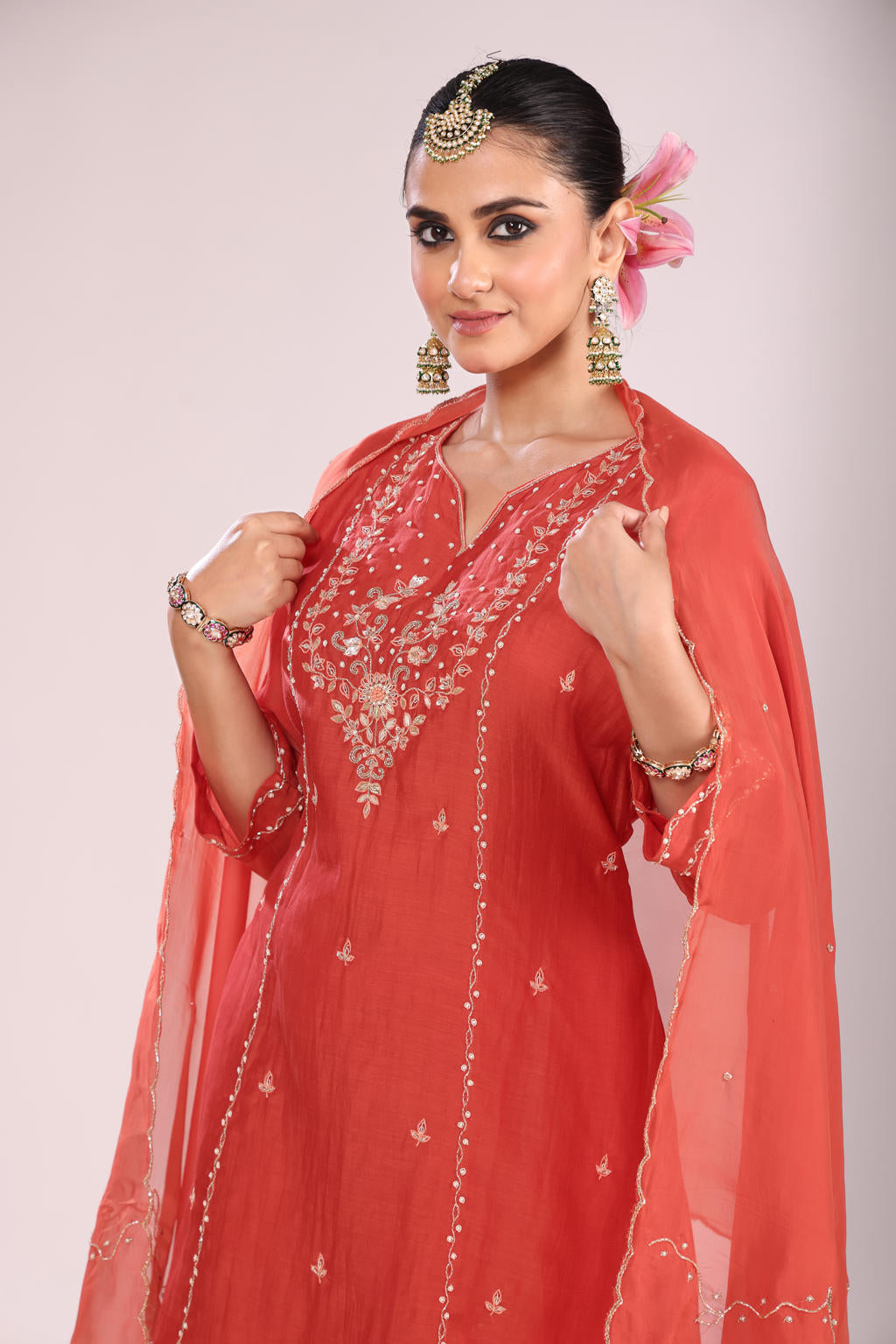 3 Pc Kurti Sharrara Dupatta Set – Mal Chandheri with Hand Embroidery