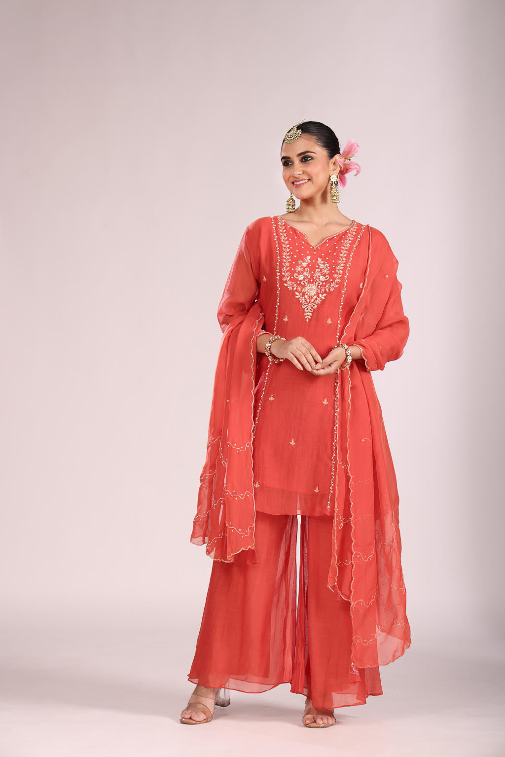 3 Pc Kurti Sharrara Dupatta Set – Mal Chandheri with Hand Embroidery