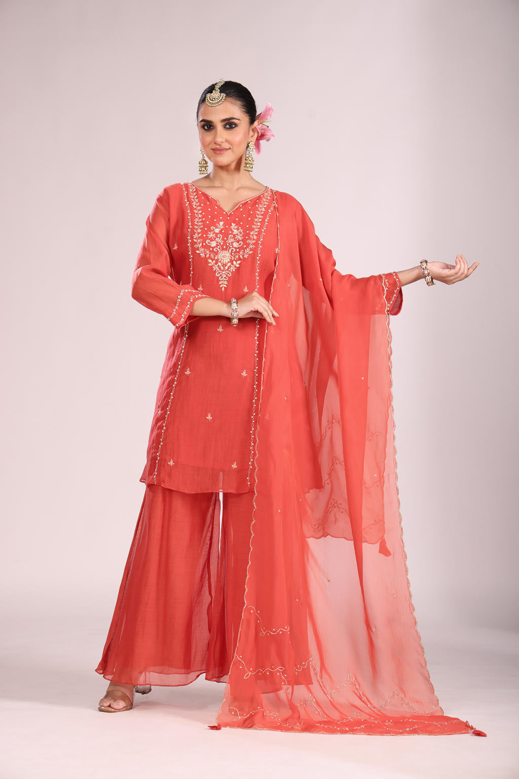 3 Pc Kurti Sharrara Dupatta Set – Mal Chandheri with Hand Embroidery