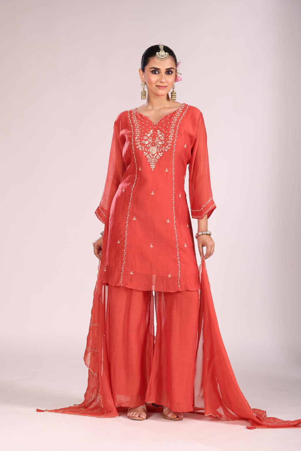 3 Pc Kurti Sharrara Dupatta Set – Mal Chandheri with Hand Embroidery