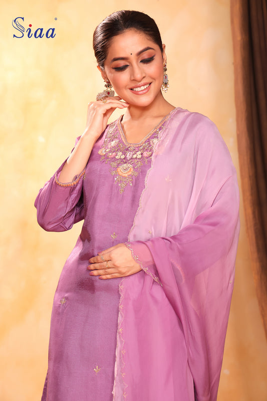 Pf8162D mauve Kurta Ethnic Clothing Hand Embroidery Kurta Sets Organza