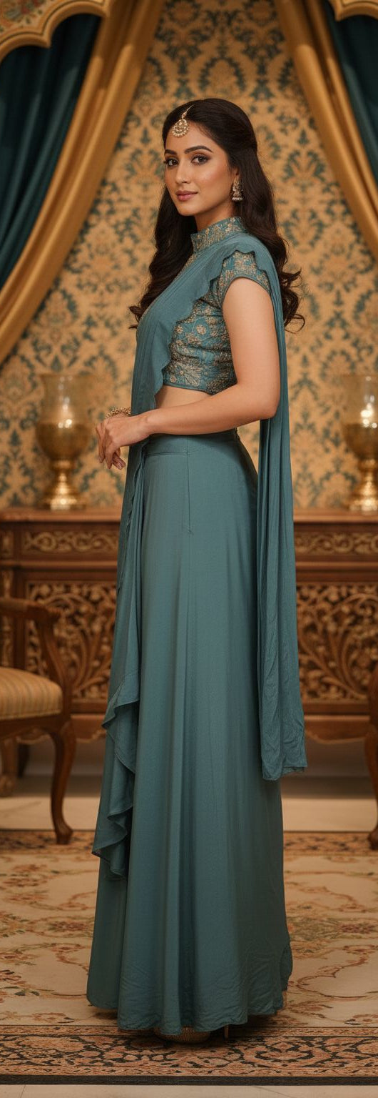 Drape Skirt With High Neck Blouse