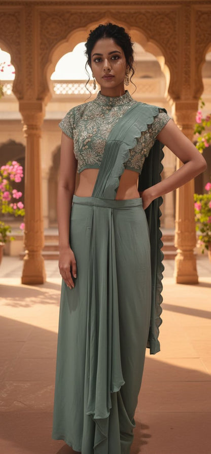 Drape Skirt With High Neck Blouse