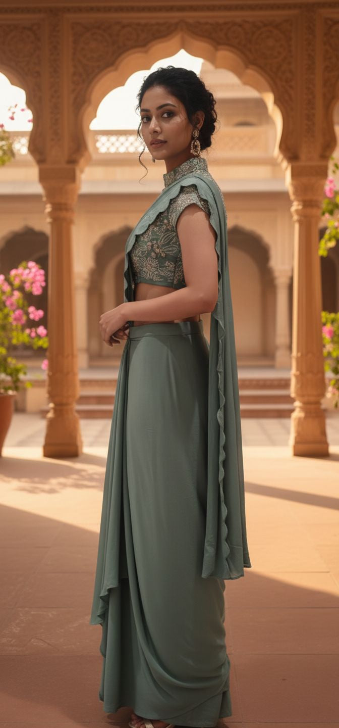 Drape Skirt With High Neck Blouse