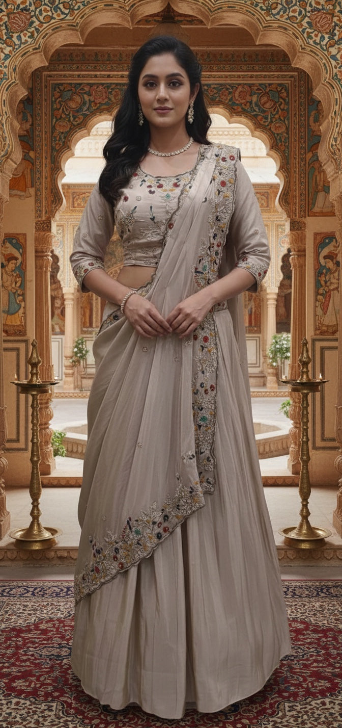 Draped Square Dupatta with Pleated Skirt and Blouse