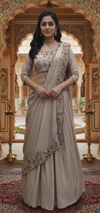 Draped Square Dupatta with Pleated Skirt and Blouse