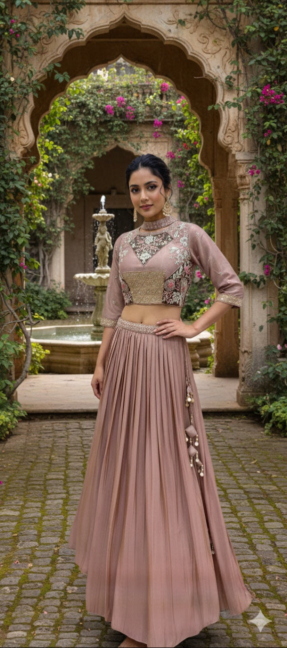 Patch Bustier with Choker Dupatta and Pleated Skirt
