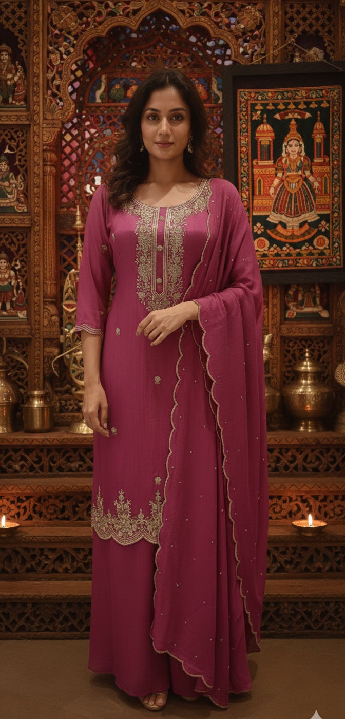 Straight long kurti with palazzo and dupatta.