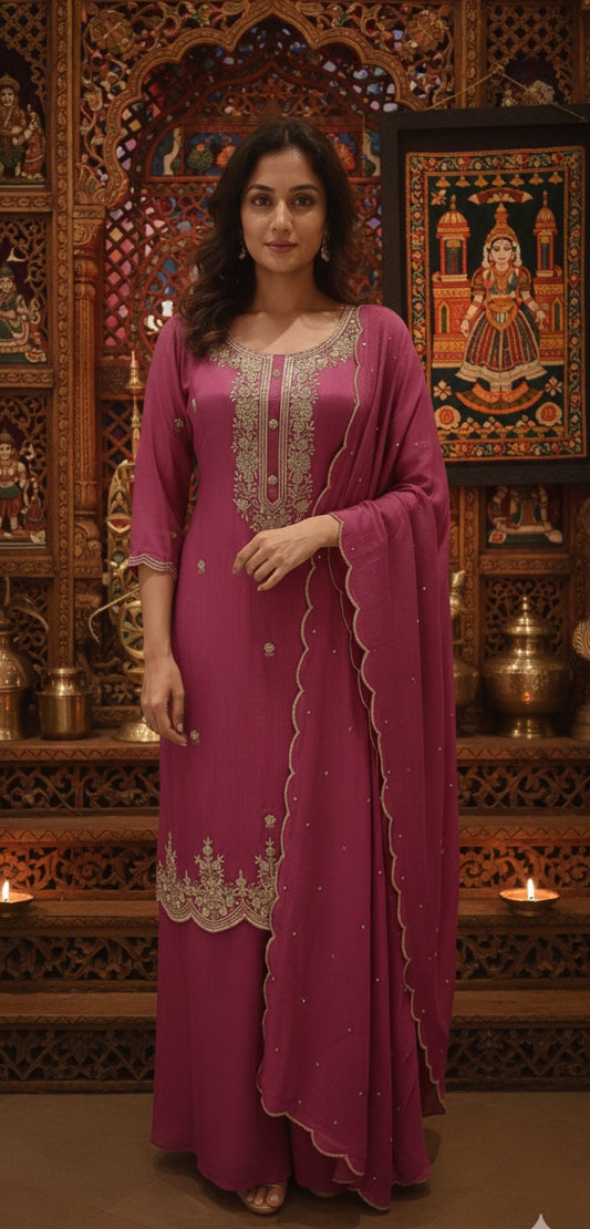 Straight long kurti with palazzo and dupatta.
