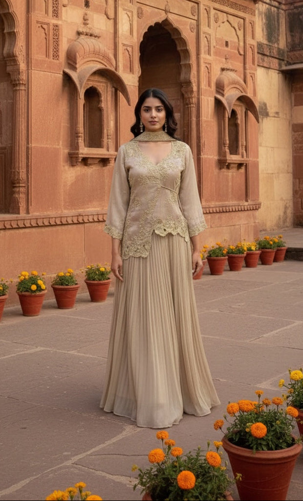 Asymmetric jacket with Pleated skirt & Dupatta .