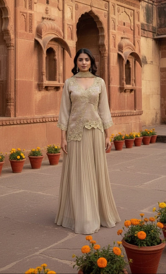 Asymmetric jacket with Pleated skirt & Dupatta .
