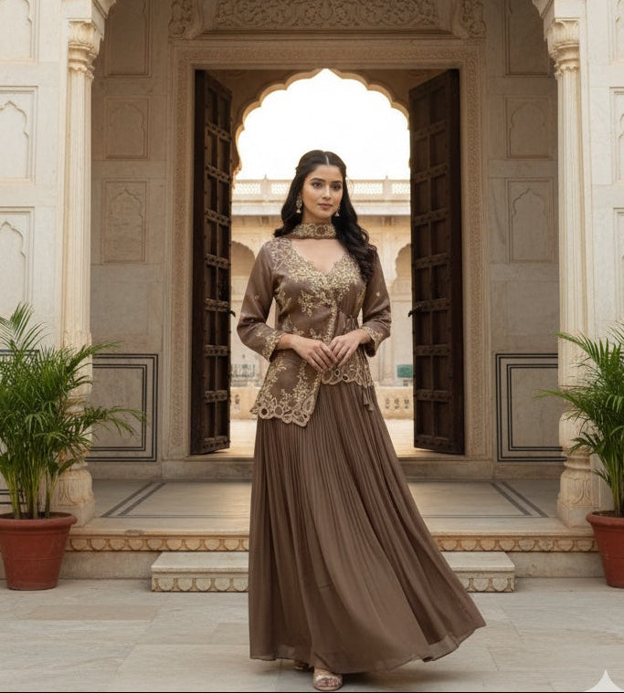 Asymmetric jacket with Pleated skirt & Dupatta .