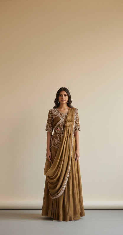 Asymmetric Jacket Style Blouse, Ombre Color Pleated Skirt Lehenga