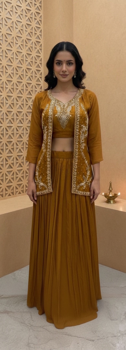 Jacket with Bustier, Pleated Skirt & Dupatta