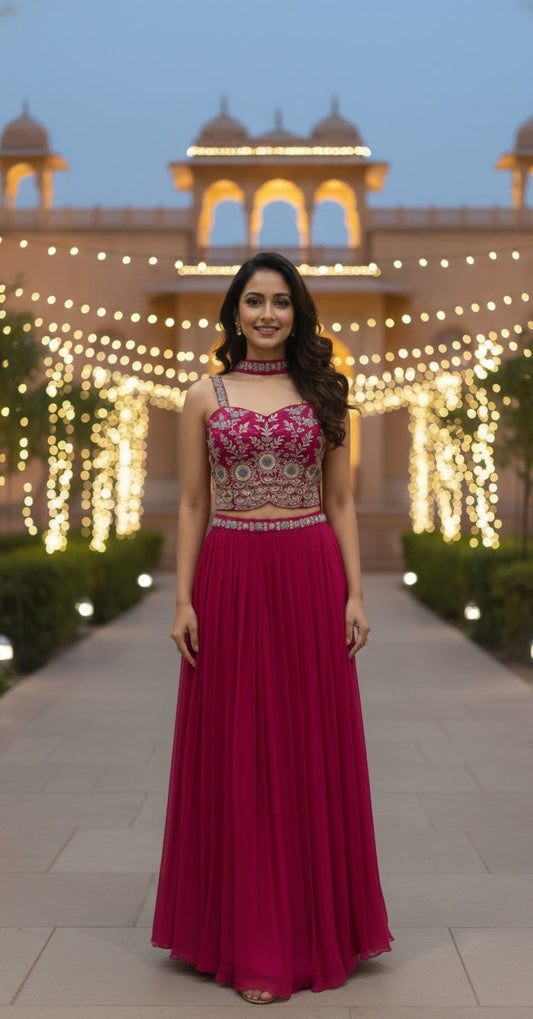 Crop top, Pleated Skirt & Choker Dupatta