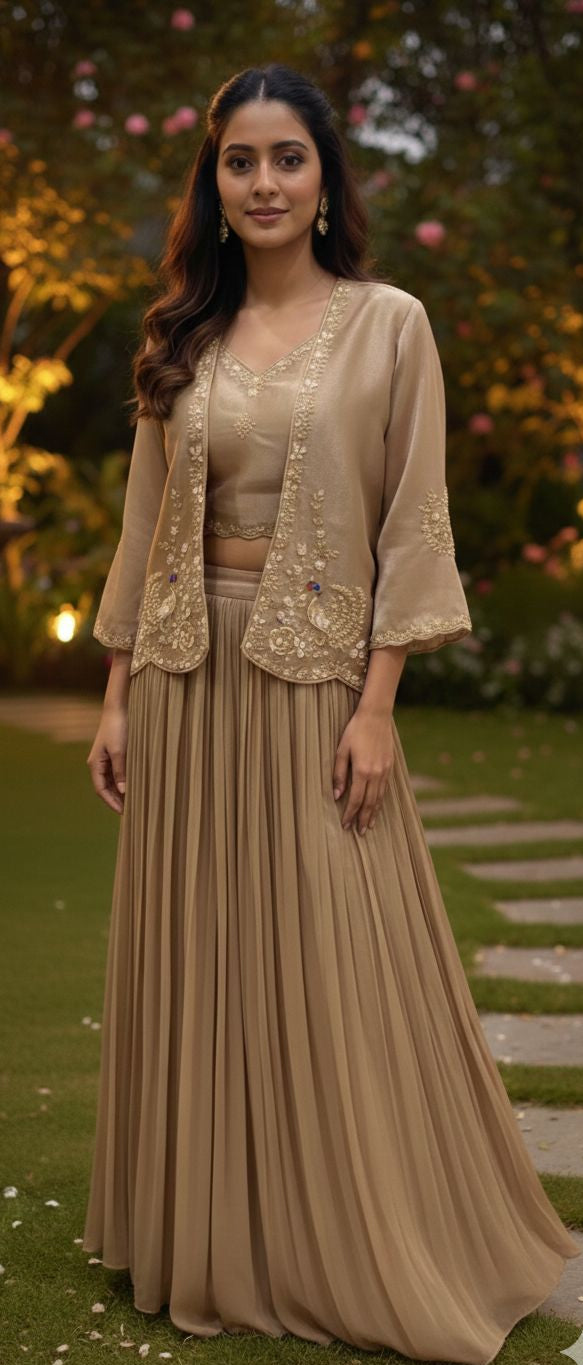 Pleated Lehenga, jacket & Bustier