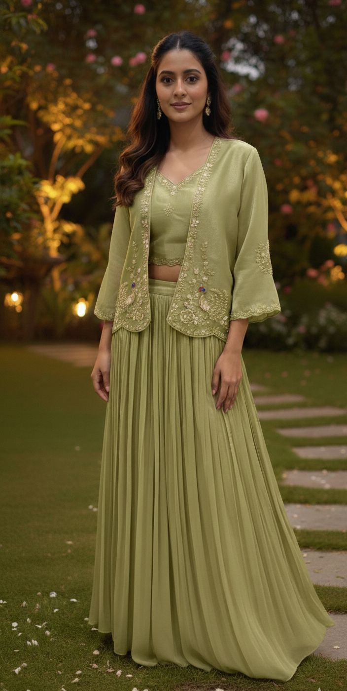 Pleated Lehenga, jacket & Bustier