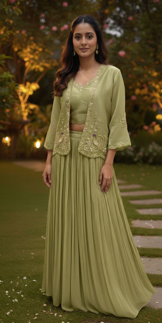 Pleated Lehenga, jacket & Bustier