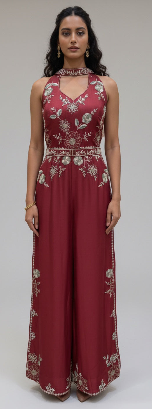 Jumpsuit with Choker Dupatta & Detachable Waist Belt