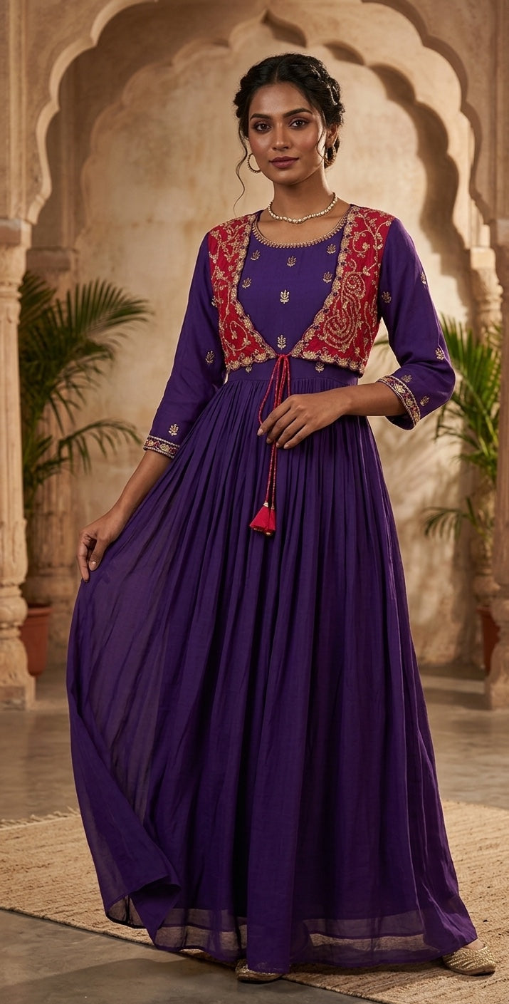 Mul Chanderi Gown with attached Bandhej print Jacket.