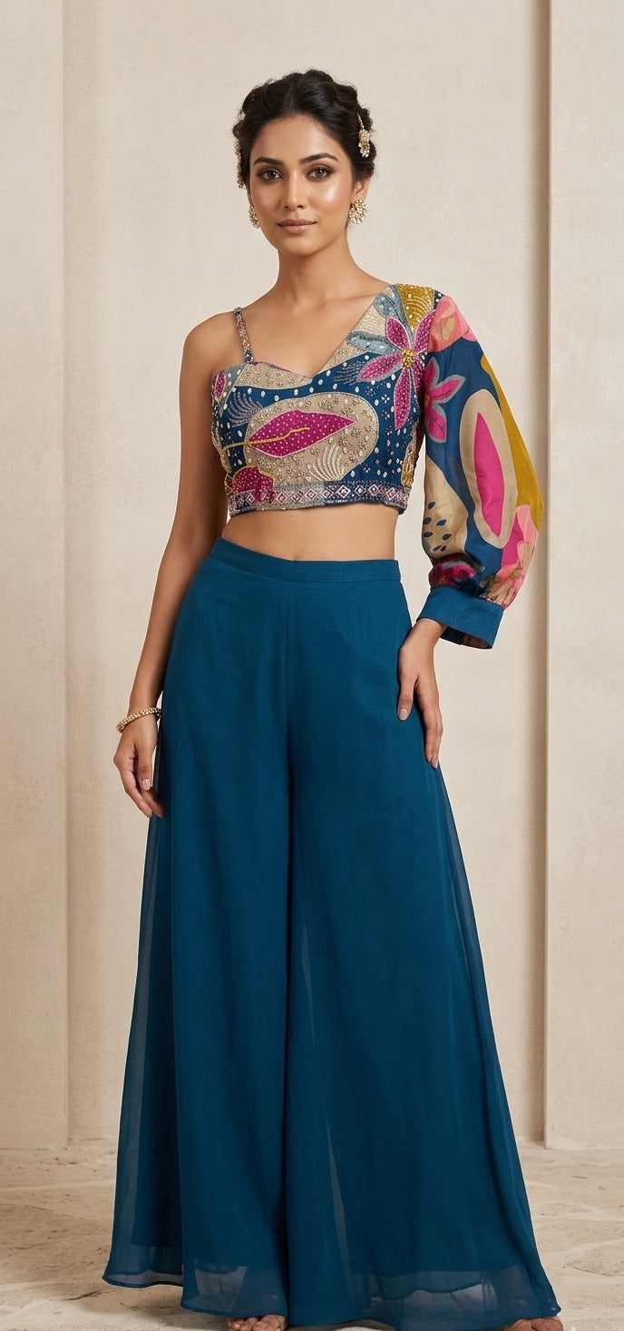 Crop Top with one side puff sleeve, choker & divider.