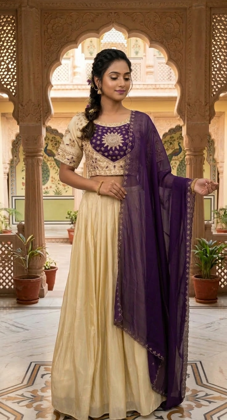 Patch work Blouse with Pleated Skirt & Dupatta.