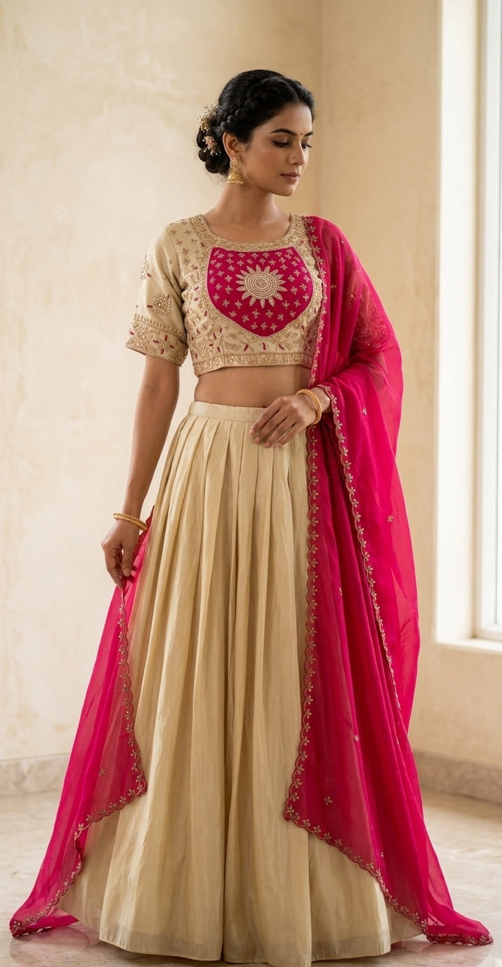 Patch work Blouse with Pleated Skirt & Dupatta.