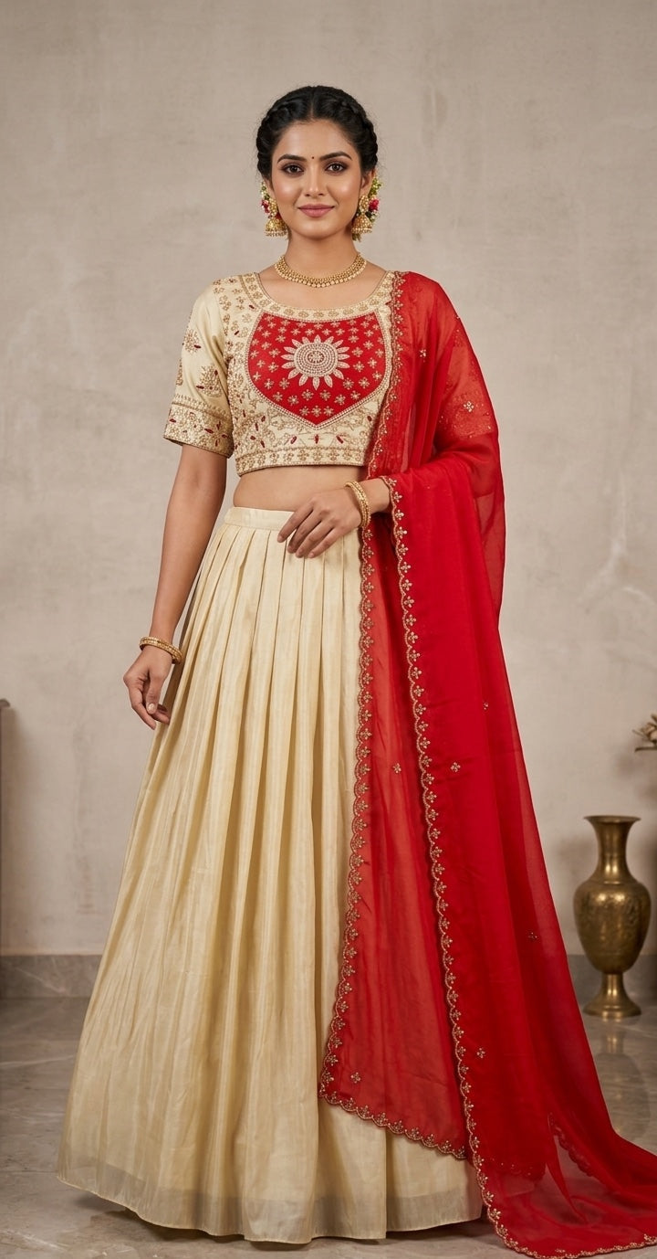 Patch work Blouse with Pleated Skirt & Dupatta.