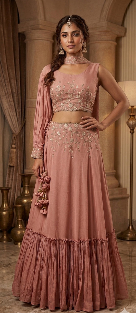 One side Puff Sleeve Bustier top with High Waisted Skirt & Choker.