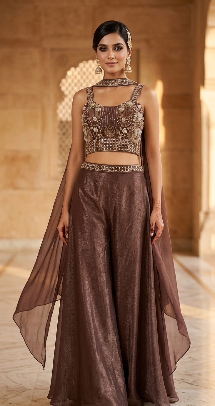 Crop top, Palazzos & Choker Dupatta.