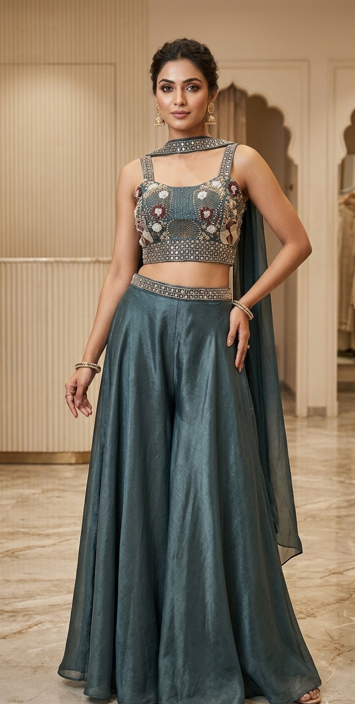 Crop top, Palazzos & Choker Dupatta.