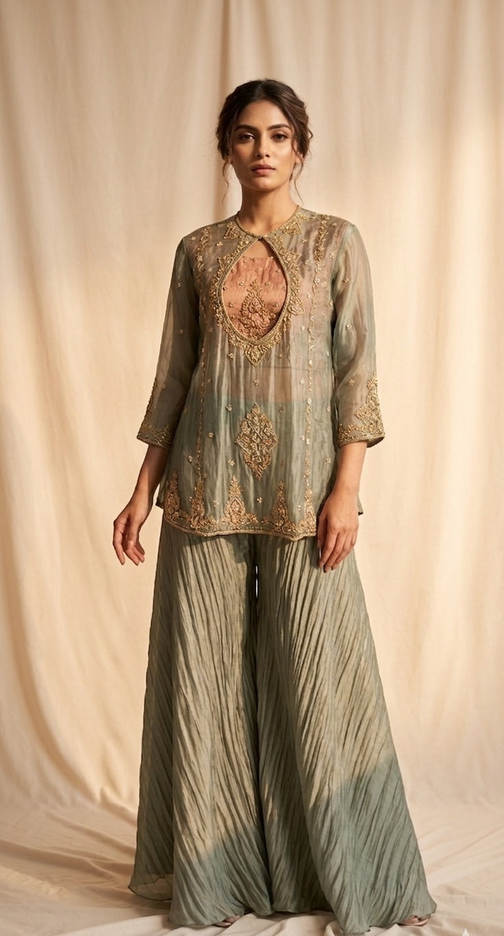 The Meraki Keyhole kurta Bustier Sharara Set.
