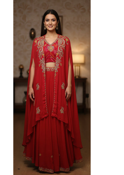 3pc Cape Bustier Skirt Set- Chinnon and Bandhej with Hand Embroidery