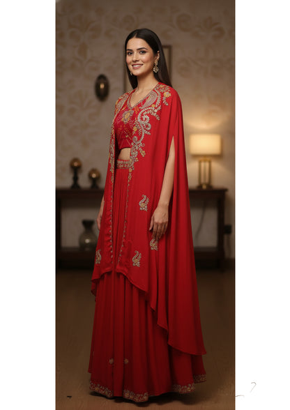 3pc Cape Bustier Skirt Set- Chinnon and Bandhej with Hand Embroidery