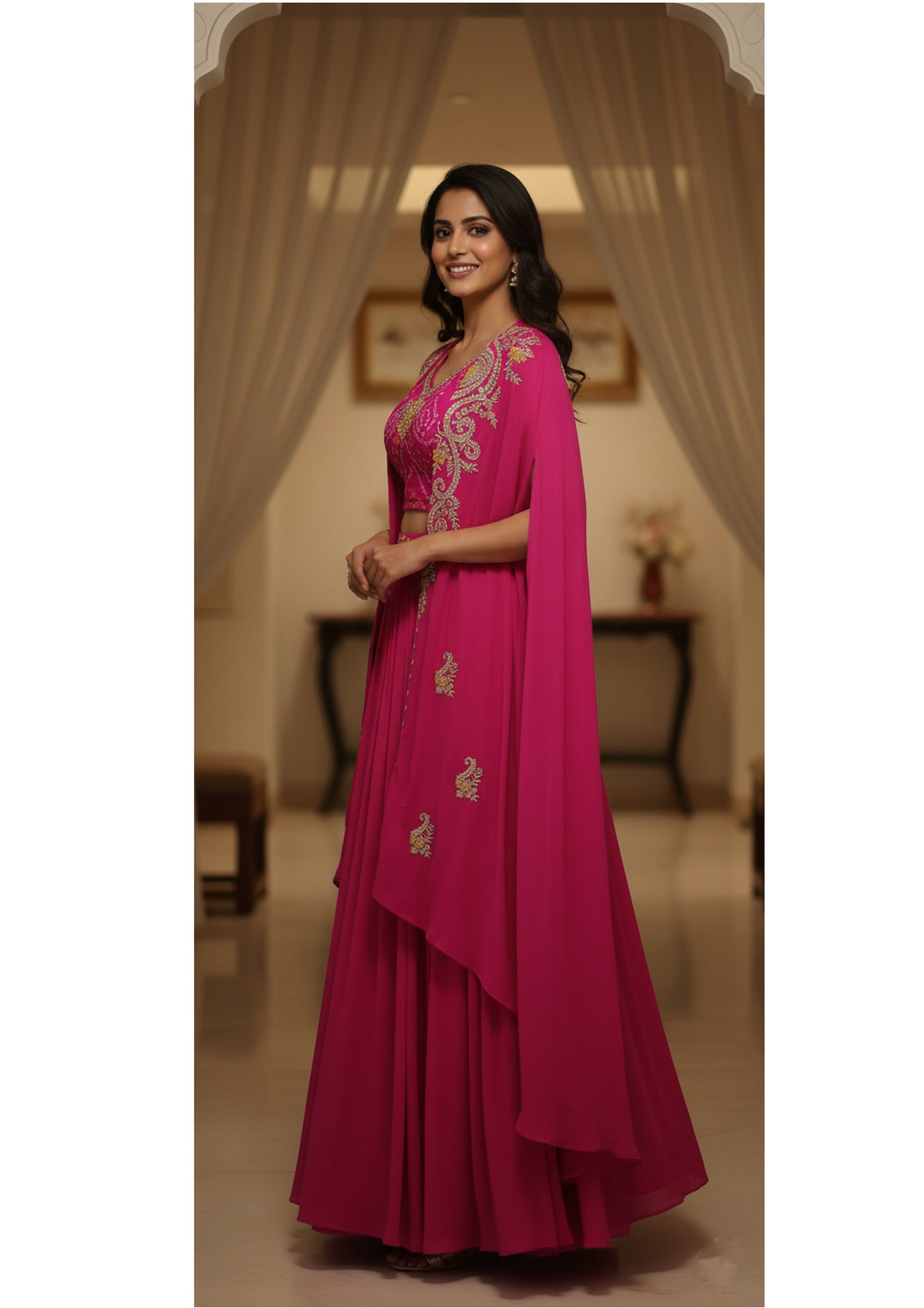 3pc Cape Bustier Skirt Set- Chinnon and Bandhej with Hand Embroidery