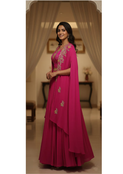 3pc Cape Bustier Skirt Set- Chinnon and Bandhej with Hand Embroidery