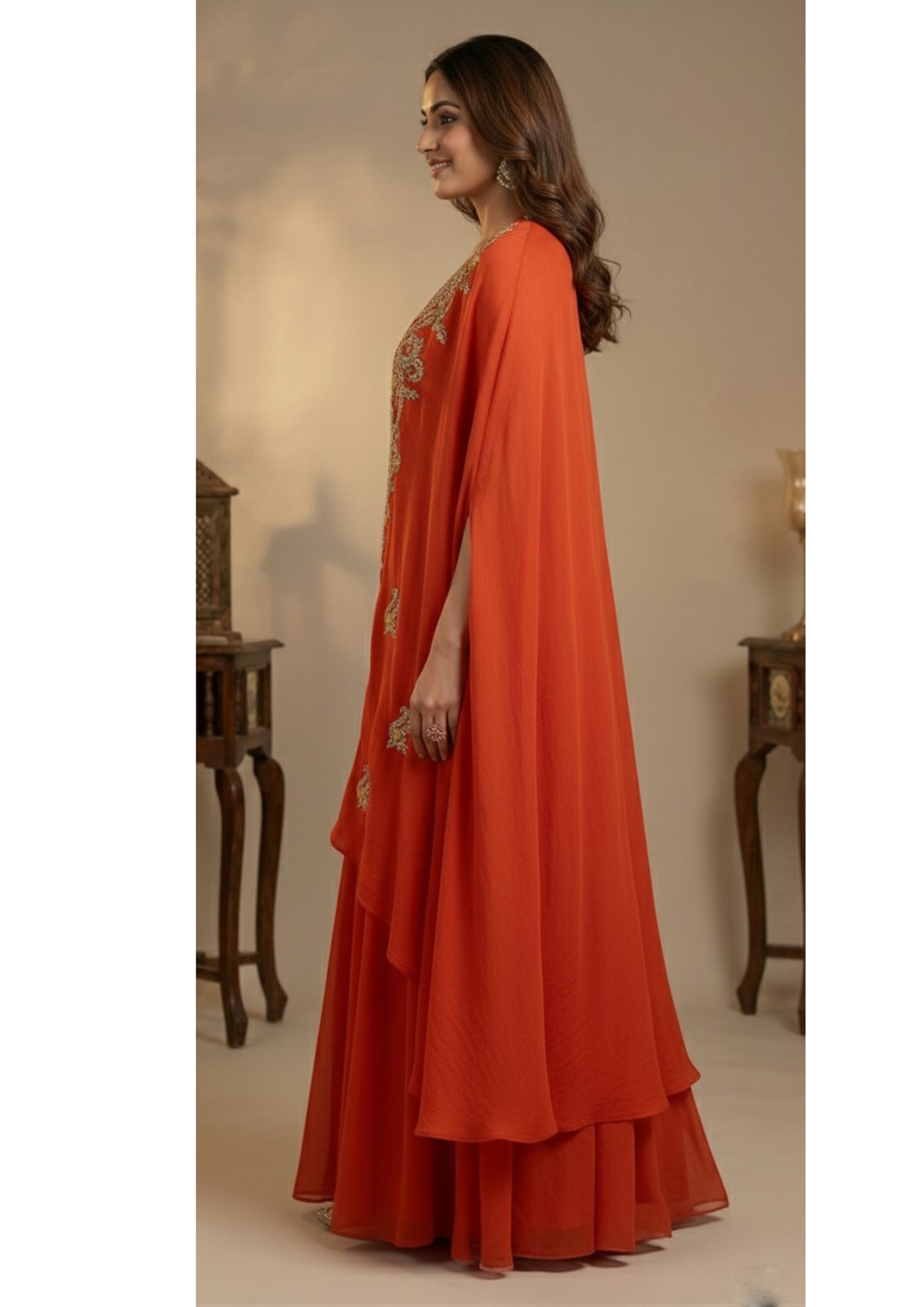 3pc Cape Bustier Skirt Set- Chinnon and Bandhej with Hand Embroidery