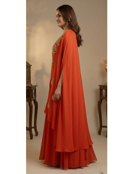 3pc Cape Bustier Skirt Set- Chinnon and Bandhej with Hand Embroidery